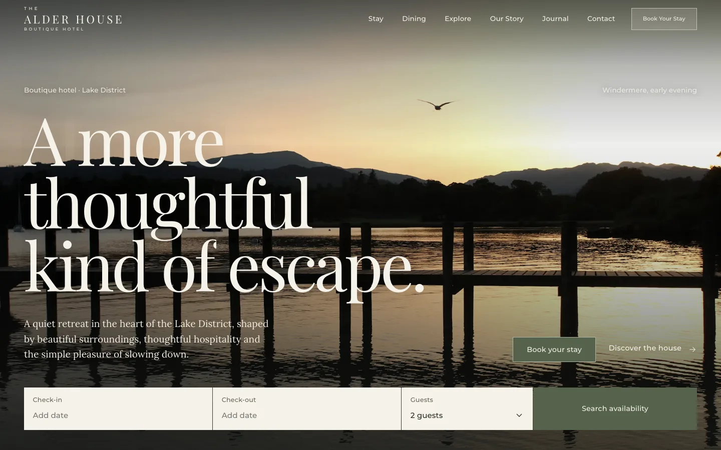 The Alder House concept homepage with a Windermere sunset and the headline "A more thoughtful kind of escape."