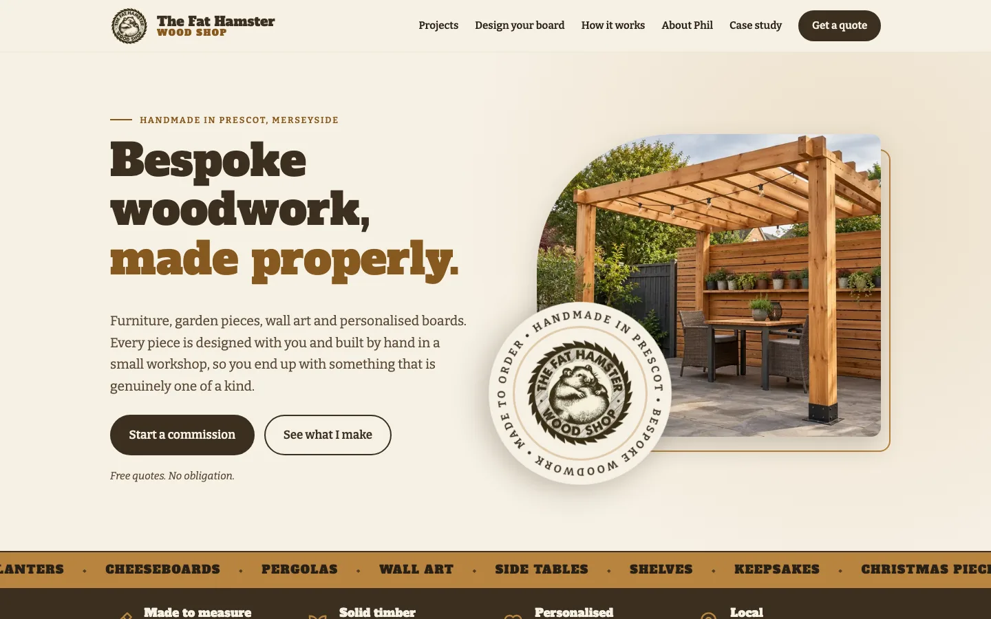 The Fat Hamster Wood Shop homepage with a cedar pergola and the headline "Bespoke woodwork, made properly."
