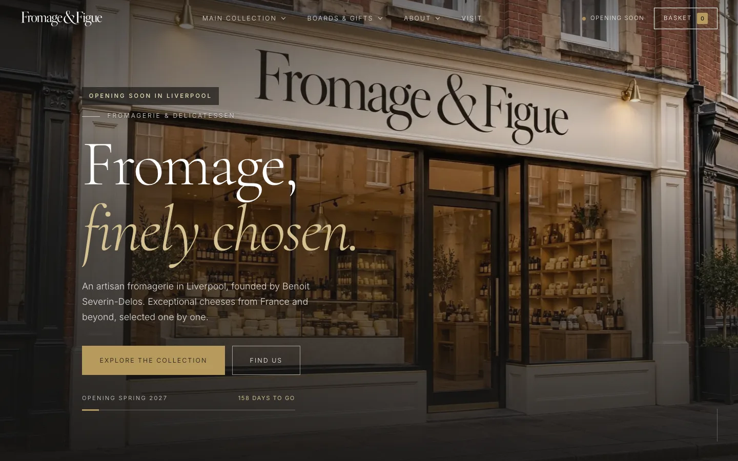 The Fromage & Figue homepage showing the shopfront and the headline "Fromage, finely chosen."