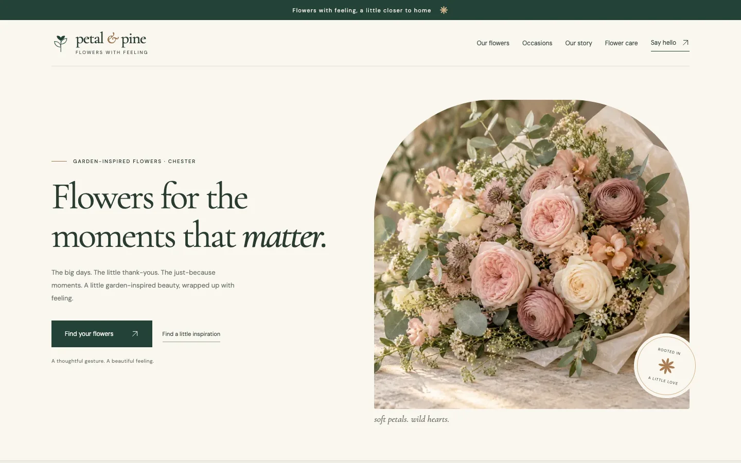 The Petal & Pine concept homepage with a garden-style bouquet and the headline "Flowers for the moments that matter."